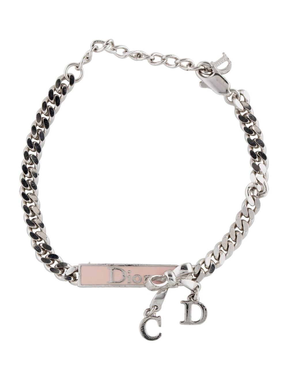 Vintage Christian Dior Logo Pink Enamel Nameplate Silver Chain Bow Bracelet